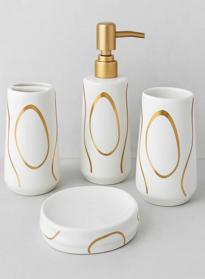Whizzo Premium White & Gold Ceramic Bathroom Accessories Set | 4-Piece Luxury Bathroom Set with Soap Dispenser, Toothbrush Holder, Tumbler & Soap Dish for Modern Homes & Hotels (BS-802, White) - Image 3